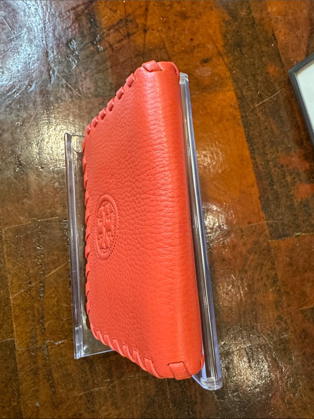 Tory Burch Coral Pebbled Leather Whipstitch Wallet - Picture 5 of 8
